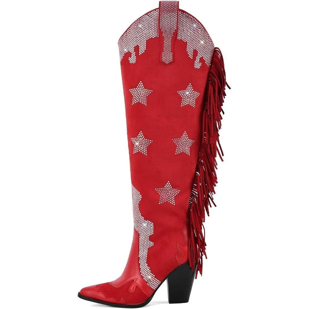Women Faux Suede Red Rhinestone Embellished  Pointed Toe Knee High Western Boots